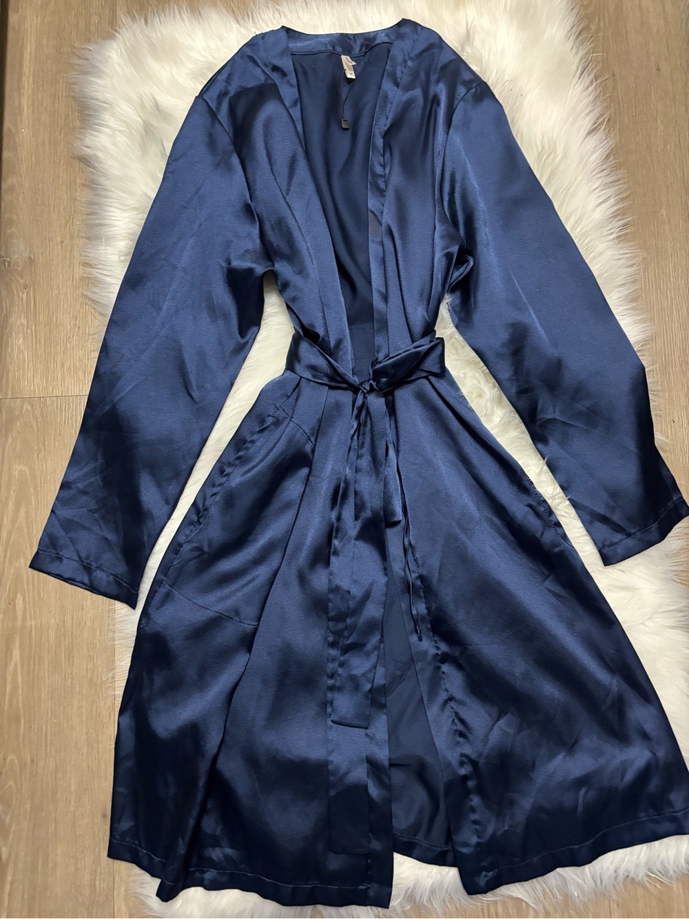 Moon River Navy Satin Wrap Robe with Belt